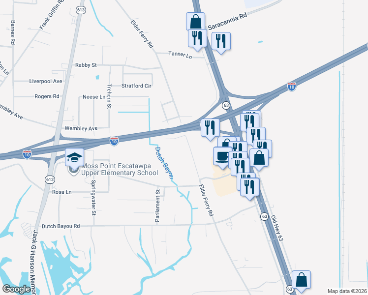 map of restaurants, bars, coffee shops, grocery stores, and more near 6705 Elder Ferry Rd in Pascagoula