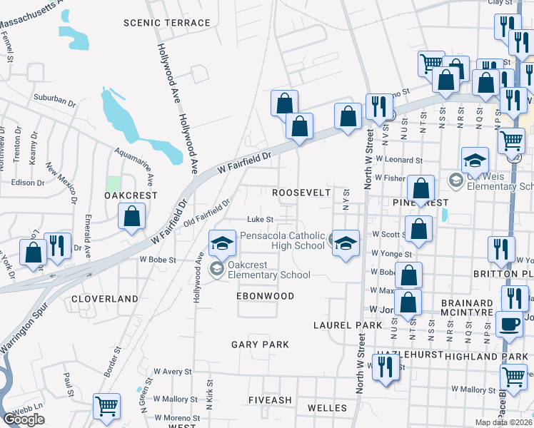 map of restaurants, bars, coffee shops, grocery stores, and more near 3420 Luke Street in Pensacola
