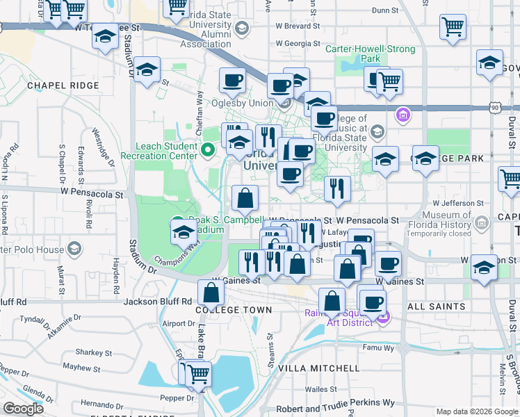 map of restaurants, bars, coffee shops, grocery stores, and more near in Tallahassee
