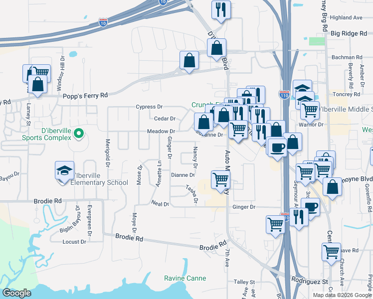 map of restaurants, bars, coffee shops, grocery stores, and more near 153 Mary Ellen Drive in D'Iberville