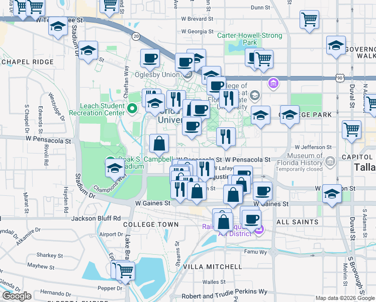 map of restaurants, bars, coffee shops, grocery stores, and more near 823 West Jefferson Street in Tallahassee