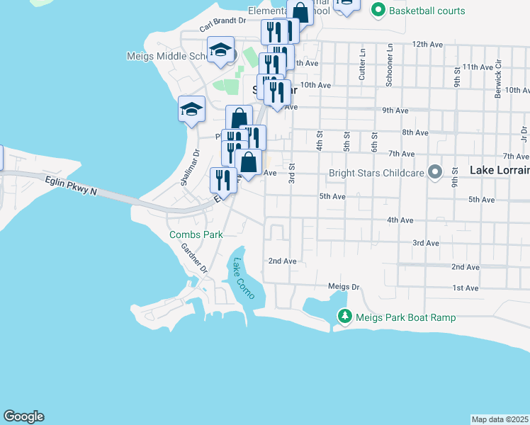 map of restaurants, bars, coffee shops, grocery stores, and more near 0 2nd Street in Shalimar