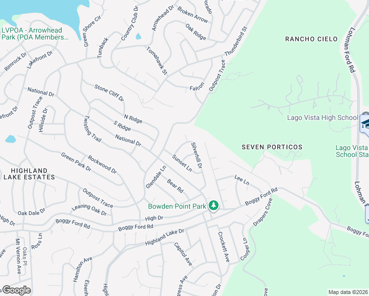 map of restaurants, bars, coffee shops, grocery stores, and more near 4514 Silverhill Drive in Lago Vista
