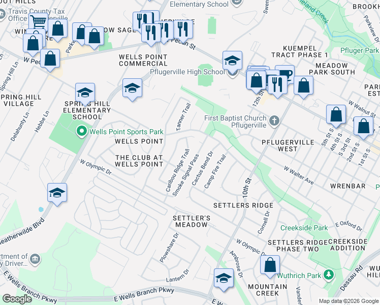 map of restaurants, bars, coffee shops, grocery stores, and more near 701 Caribou Ridge Trail in Pflugerville