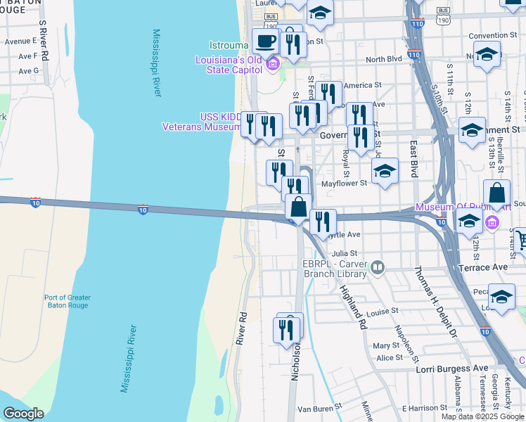 map of restaurants, bars, coffee shops, grocery stores, and more near 110 South Boulevard in Baton Rouge