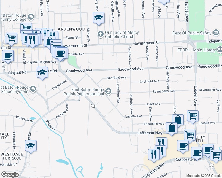 map of restaurants, bars, coffee shops, grocery stores, and more near 6525 Sevenoaks Avenue in Baton Rouge