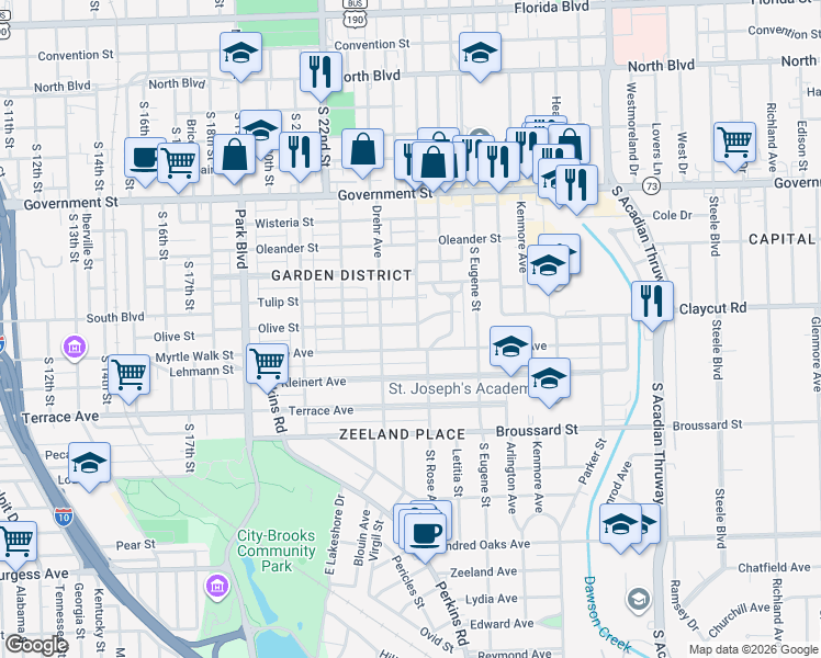 map of restaurants, bars, coffee shops, grocery stores, and more near 2352 Olive Street in Baton Rouge