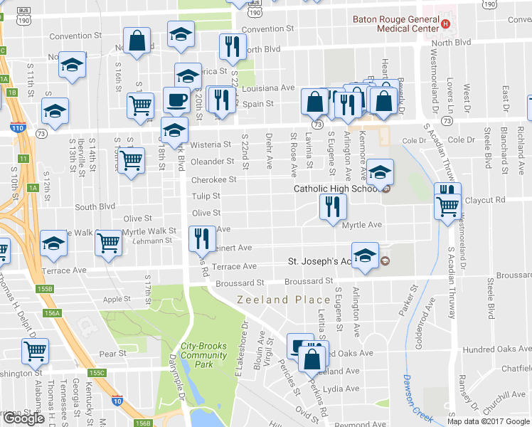map of restaurants, bars, coffee shops, grocery stores, and more near 1000 Drehr Avenue in Baton Rouge
