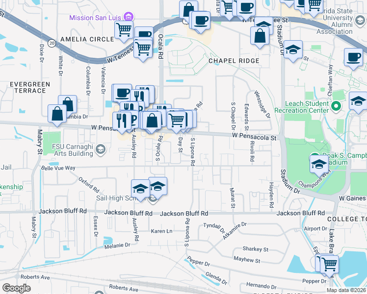 map of restaurants, bars, coffee shops, grocery stores, and more near 227 Day Street in Tallahassee