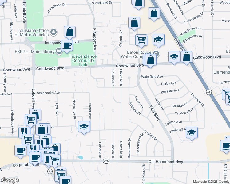 map of restaurants, bars, coffee shops, grocery stores, and more near 1125 Colonial Drive in Baton Rouge