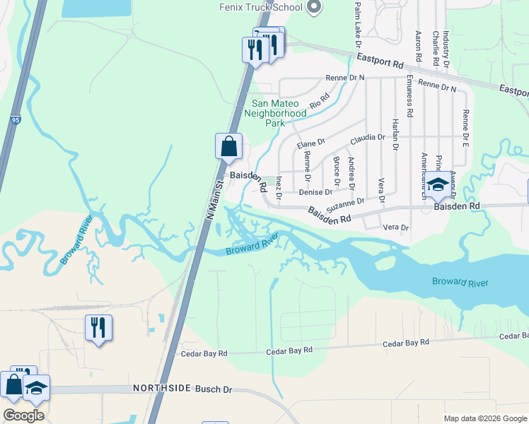 map of restaurants, bars, coffee shops, grocery stores, and more near 162 Baisden Road in Jacksonville