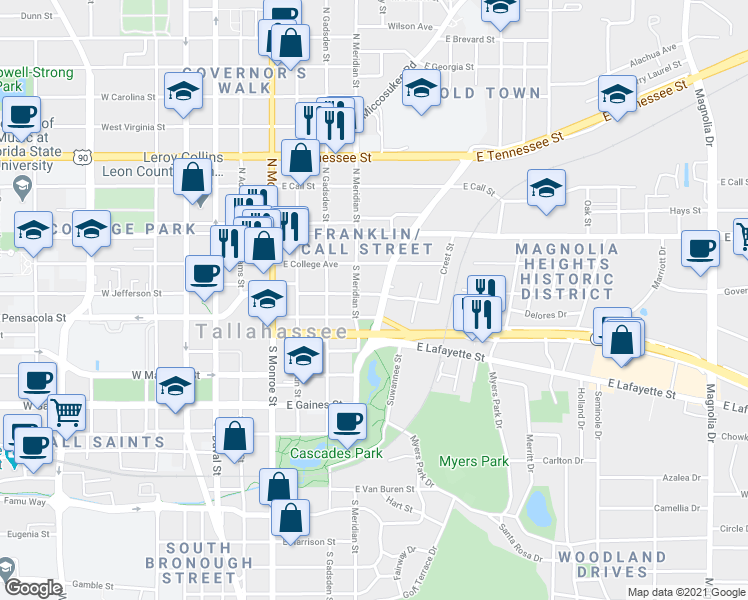 map of restaurants, bars, coffee shops, grocery stores, and more near 336 South Franklin Boulevard in Tallahassee