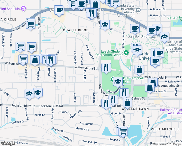 map of restaurants, bars, coffee shops, grocery stores, and more near 224 Hayden Road in Tallahassee