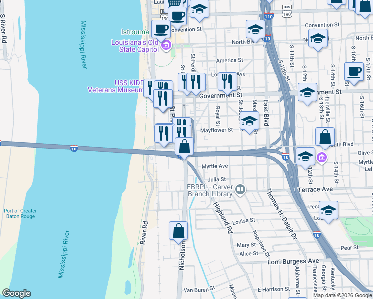 map of restaurants, bars, coffee shops, grocery stores, and more near 900 Highland Road in Baton Rouge