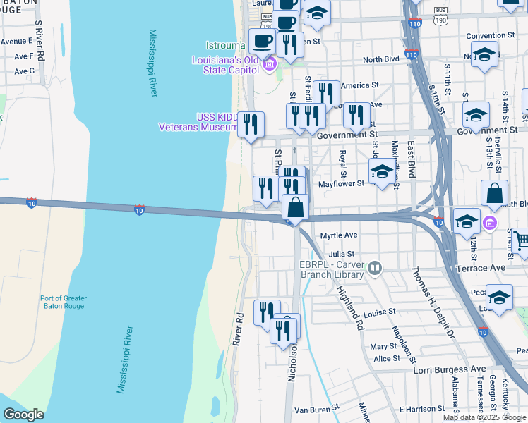map of restaurants, bars, coffee shops, grocery stores, and more near 110 South Boulevard in Baton Rouge