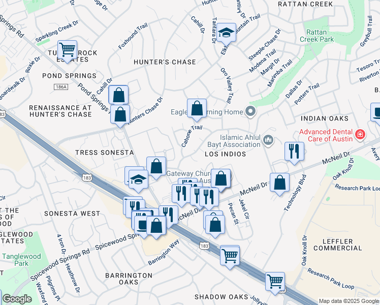 map of restaurants, bars, coffee shops, grocery stores, and more near 7807 Chimayo Cove in Austin
