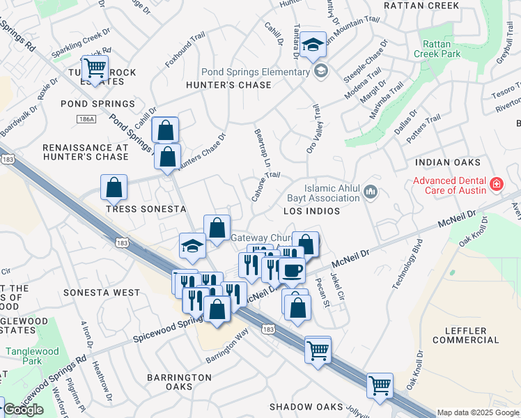 map of restaurants, bars, coffee shops, grocery stores, and more near 12307 Cahone Trail in Austin