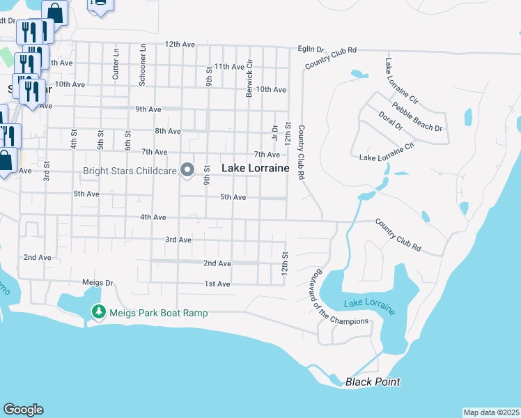 map of restaurants, bars, coffee shops, grocery stores, and more near 26 11th Street in Shalimar