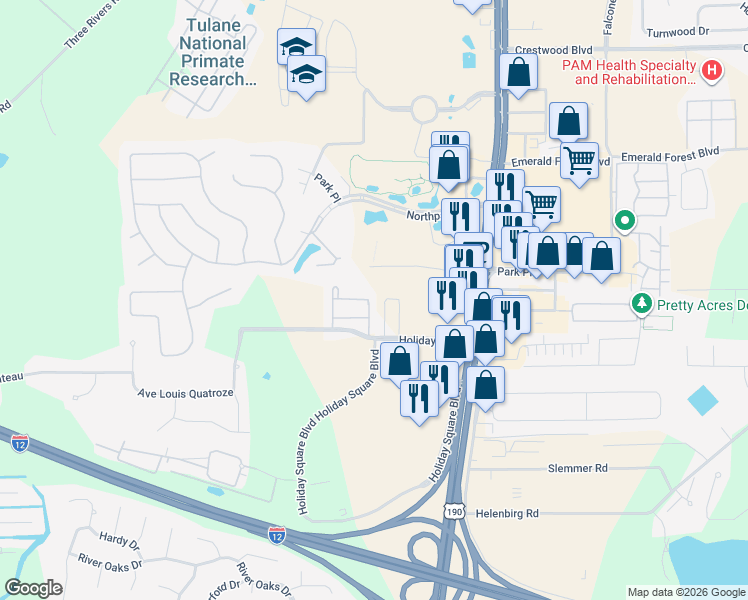 map of restaurants, bars, coffee shops, grocery stores, and more near 142 Emerald Oaks Drive in Covington