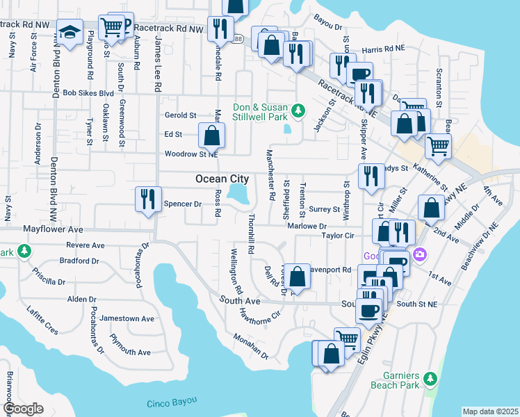 map of restaurants, bars, coffee shops, grocery stores, and more near 505 Thornhill Road in Fort Walton Beach