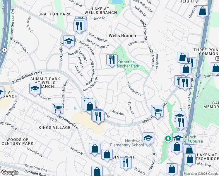 map of restaurants, bars, coffee shops, grocery stores, and more near 2121 Surrender Avenue in Austin