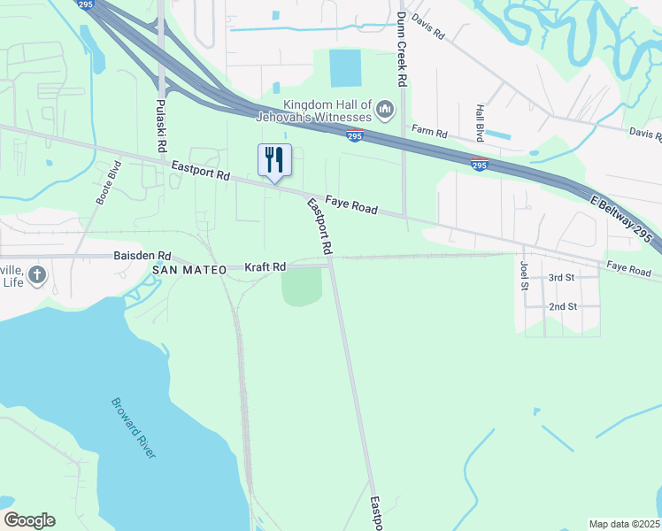 map of restaurants, bars, coffee shops, grocery stores, and more near 1800 Eastport Road in Jacksonville