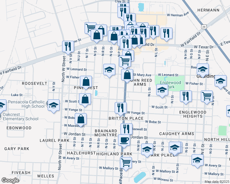 map of restaurants, bars, coffee shops, grocery stores, and more near 2525 North P Street in Pensacola