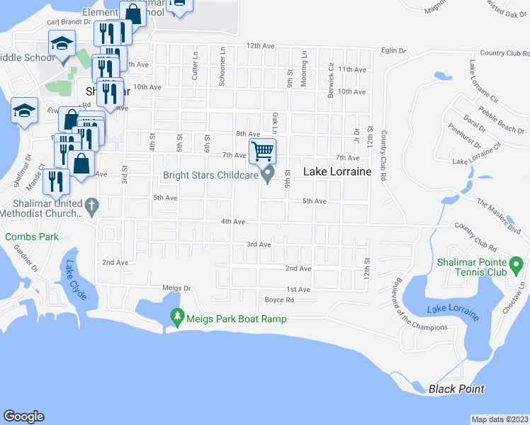 map of restaurants, bars, coffee shops, grocery stores, and more near 26 8th Street in Shalimar