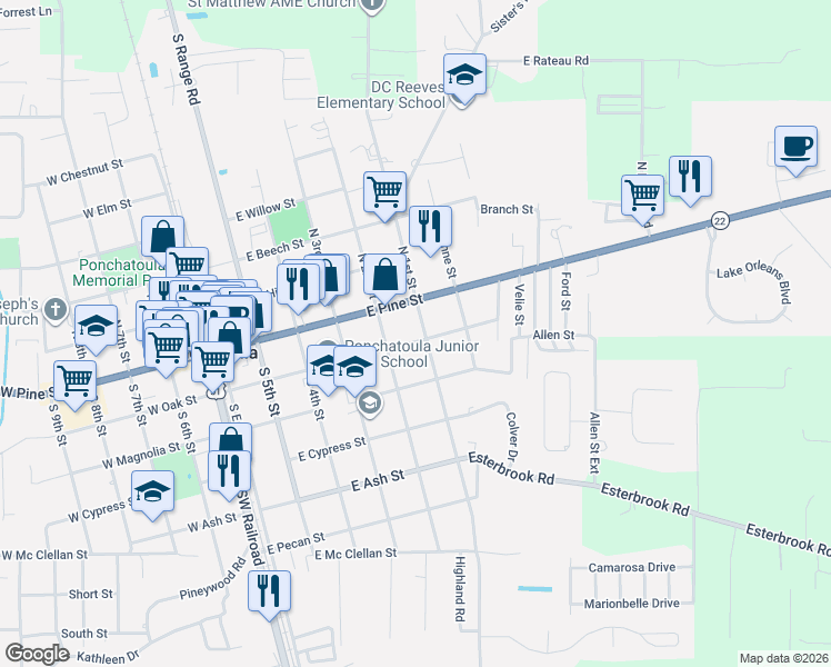 map of restaurants, bars, coffee shops, grocery stores, and more near 580 East Oak Street in Ponchatoula