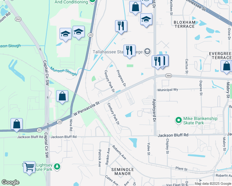 map of restaurants, bars, coffee shops, grocery stores, and more near 3901 Century Park Drive in Tallahassee