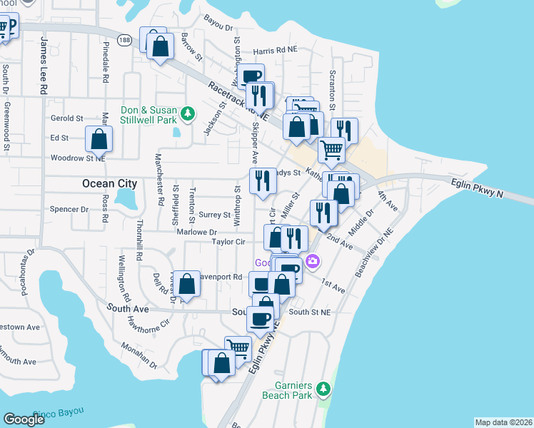 map of restaurants, bars, coffee shops, grocery stores, and more near 26 2nd Avenue in Fort Walton Beach