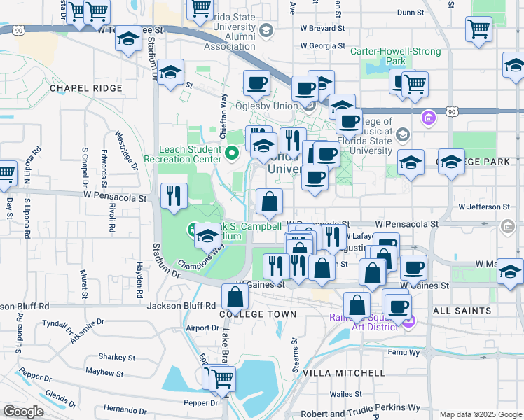 map of restaurants, bars, coffee shops, grocery stores, and more near 945 West Jefferson Street in Tallahassee
