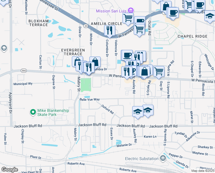 map of restaurants, bars, coffee shops, grocery stores, and more near 2241 West Pensacola Street in Tallahassee