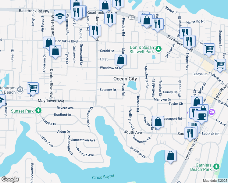 map of restaurants, bars, coffee shops, grocery stores, and more near 223 Spencer Drive in Fort Walton Beach