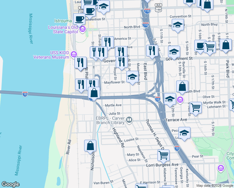 map of restaurants, bars, coffee shops, grocery stores, and more near 702 South Boulevard in Baton Rouge