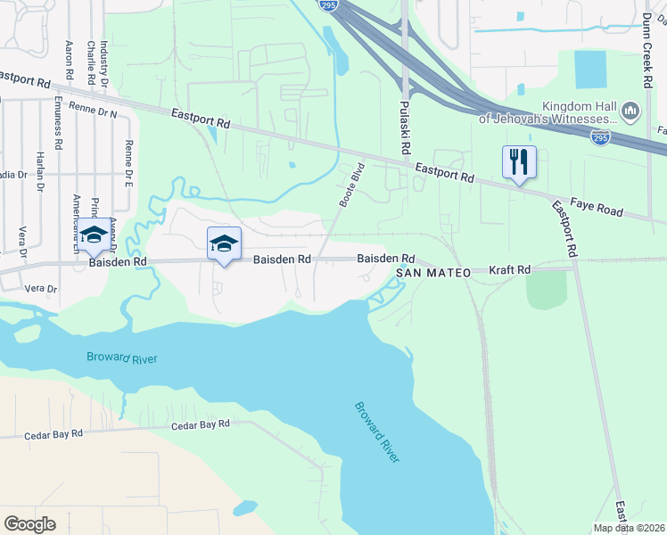 map of restaurants, bars, coffee shops, grocery stores, and more near 1118 Baisden Road in Jacksonville