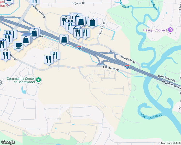 map of restaurants, bars, coffee shops, grocery stores, and more near 2313 Bradbury Place in Covington