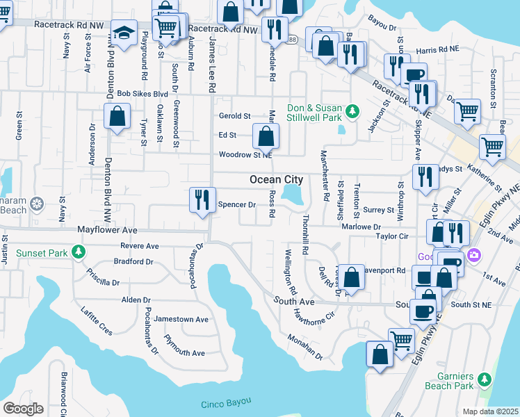 map of restaurants, bars, coffee shops, grocery stores, and more near 223 Spencer Drive in Fort Walton Beach