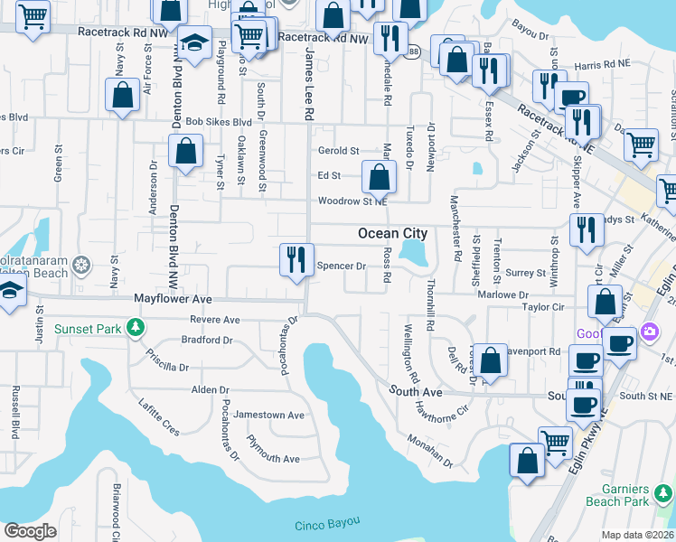 map of restaurants, bars, coffee shops, grocery stores, and more near 209 Spencer Drive in Fort Walton Beach