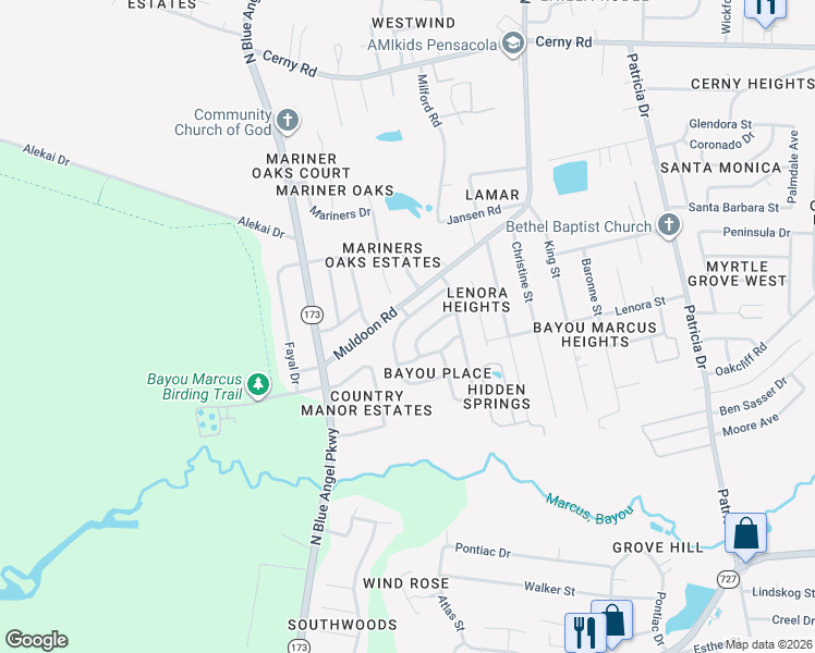 map of restaurants, bars, coffee shops, grocery stores, and more near 7935 Cayenne Way in Pensacola