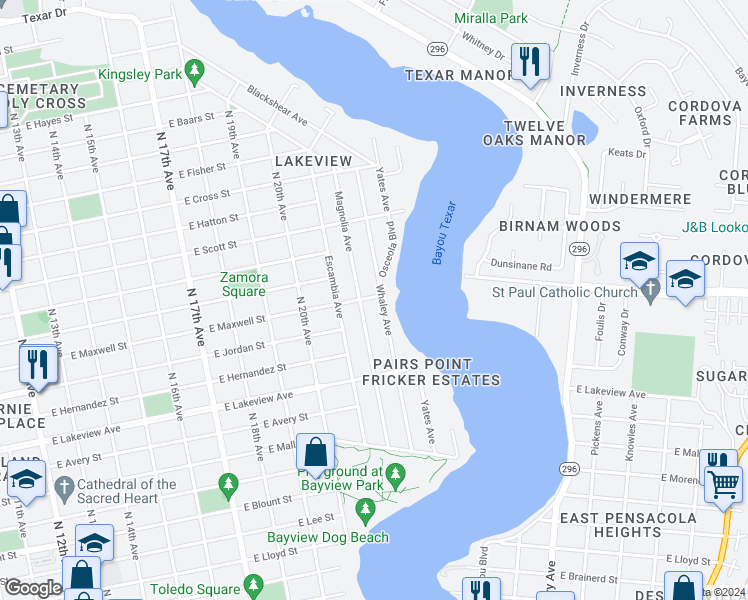 map of restaurants, bars, coffee shops, grocery stores, and more near 2121 East Maxwell Street in Pensacola