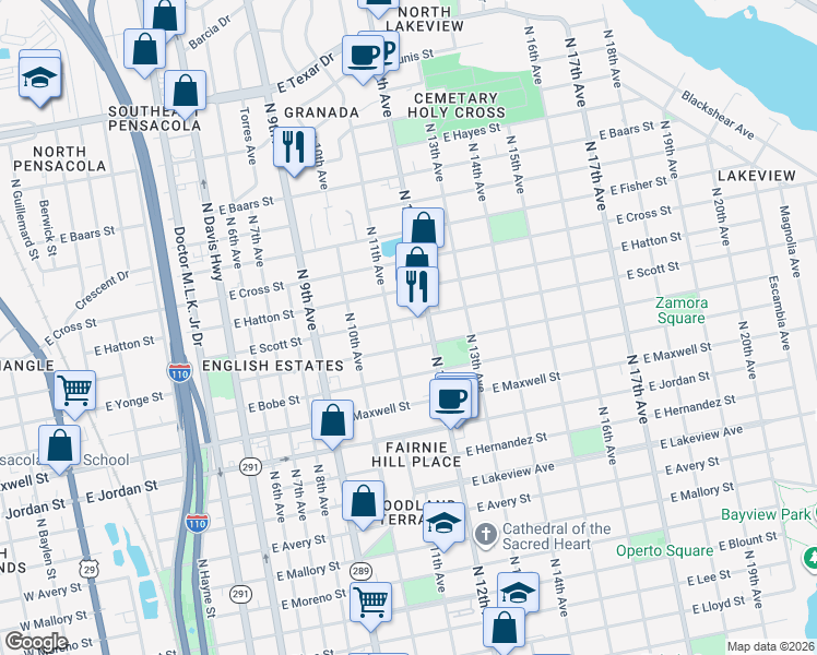 map of restaurants, bars, coffee shops, grocery stores, and more near 1115 East Scott Street in Pensacola