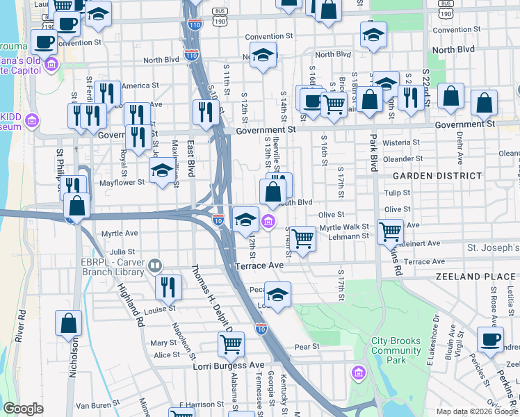 map of restaurants, bars, coffee shops, grocery stores, and more near 1216 South Boulevard in Baton Rouge