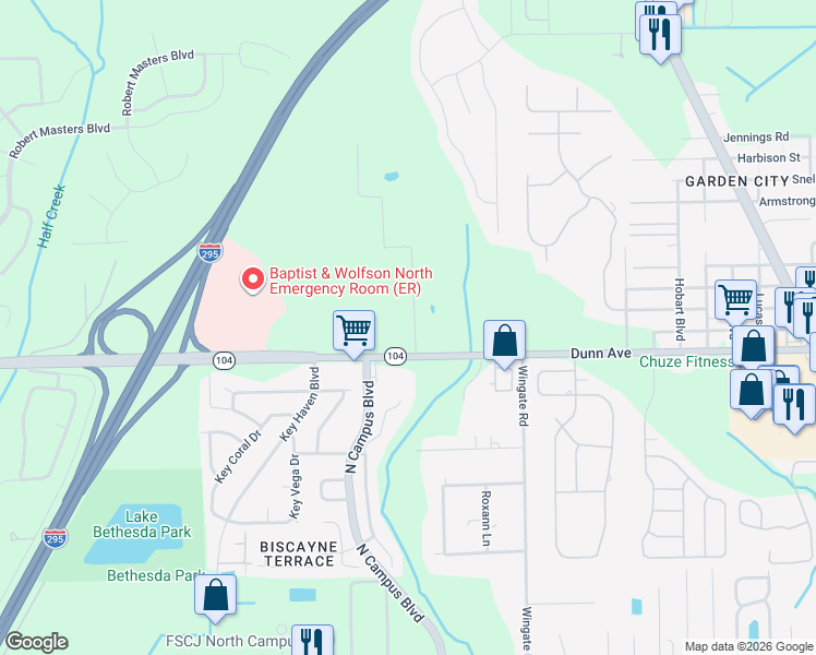 map of restaurants, bars, coffee shops, grocery stores, and more near 11240 Wingate Road North in Jacksonville