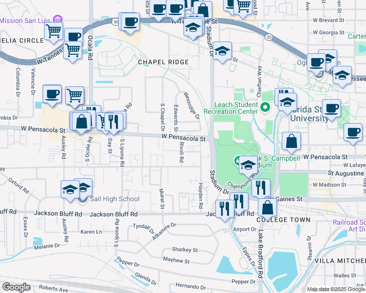 map of restaurants, bars, coffee shops, grocery stores, and more near 207 Rivoli Road in Tallahassee