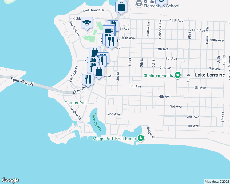 map of restaurants, bars, coffee shops, grocery stores, and more near 33 3rd Street in Shalimar