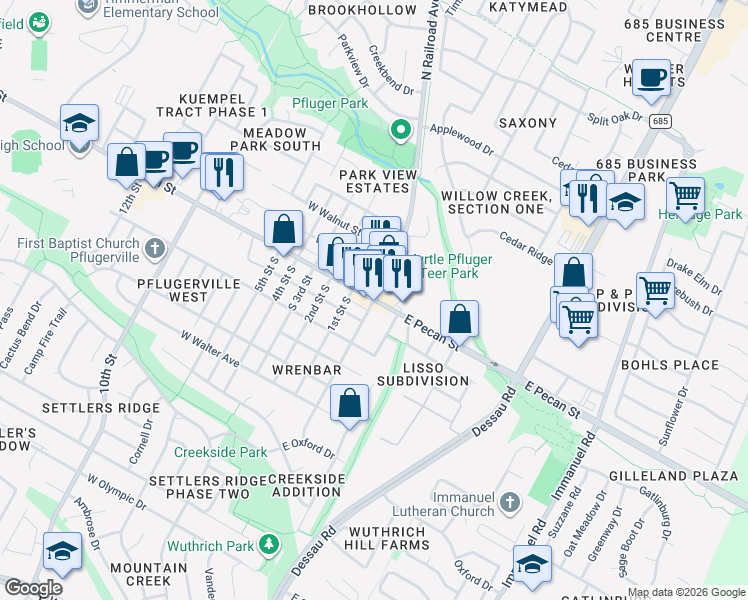map of restaurants, bars, coffee shops, grocery stores, and more near 201 East Pecan Street in Pflugerville