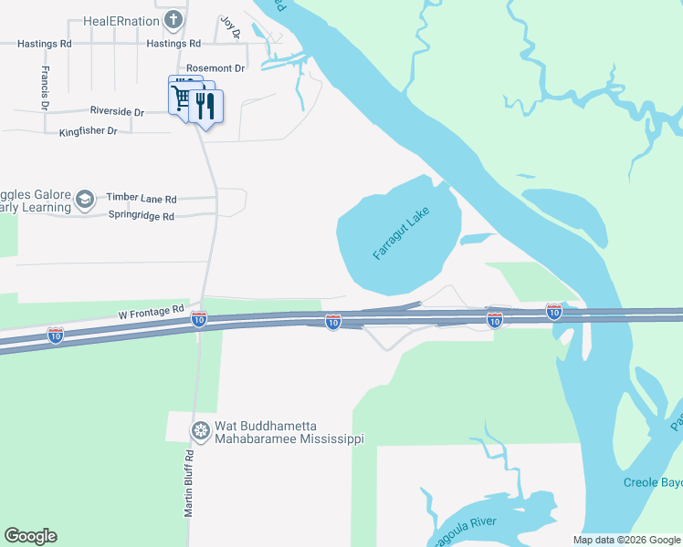 map of restaurants, bars, coffee shops, grocery stores, and more near 916 Farrigut Lake Road in Gautier