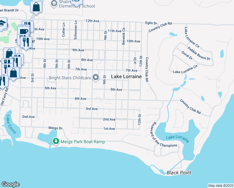 map of restaurants, bars, coffee shops, grocery stores, and more near 30a 10th Street in Shalimar