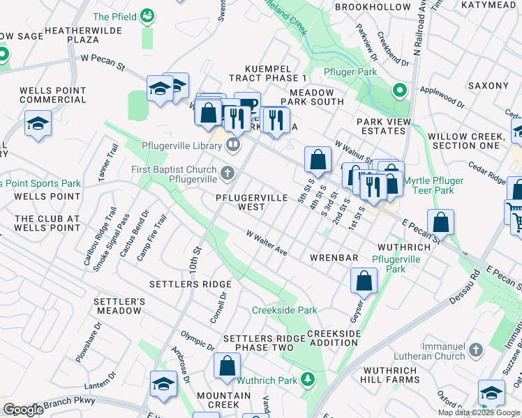 map of restaurants, bars, coffee shops, grocery stores, and more near 306 7th Street in Pflugerville